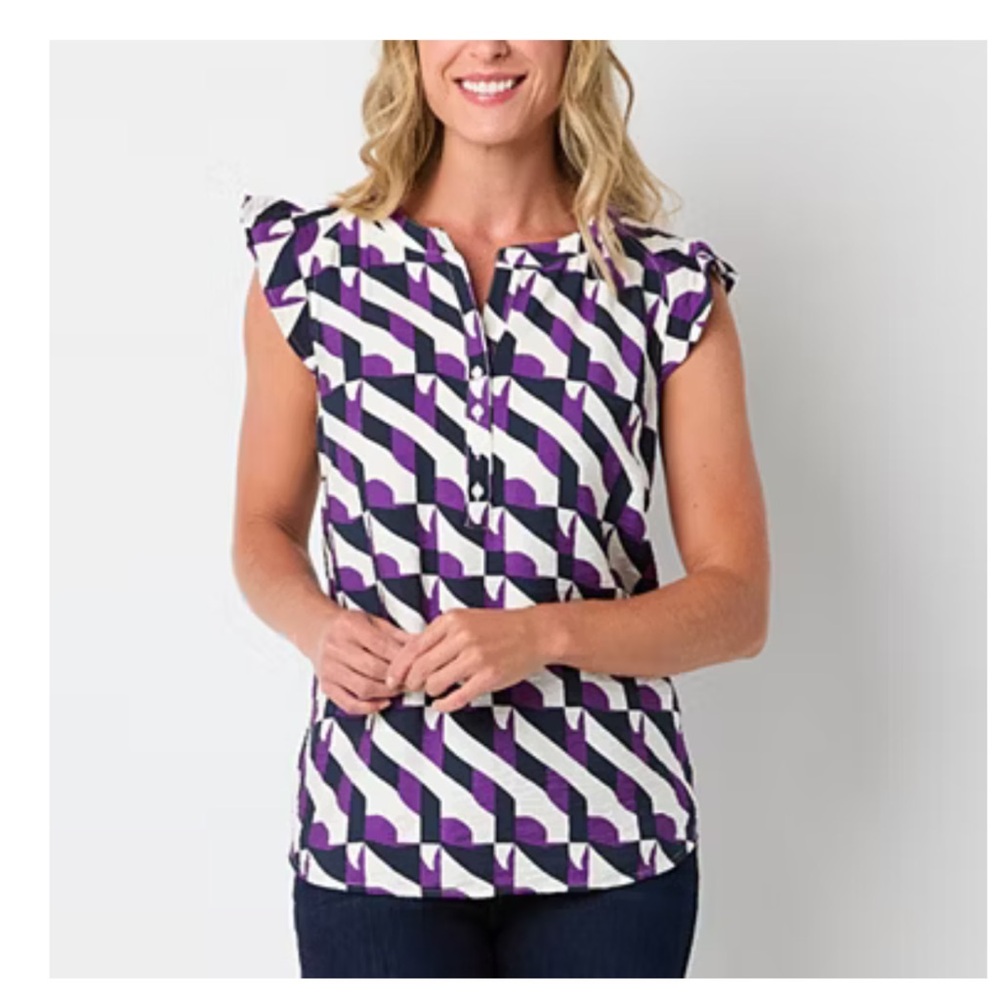 Liz Claiborne purple, Navy, and White Split Crew Neck flutter sleeve Blouse